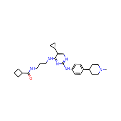 CN1CCC(c2ccc(Nc3ncc(C4CC4)c(NCCCNC(=O)C4CCC4)n3)cc2)CC1 ZINC000095562683