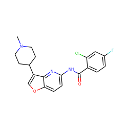 CN1CCC(c2coc3ccc(NC(=O)c4ccc(F)cc4Cl)nc23)CC1 ZINC000013588434