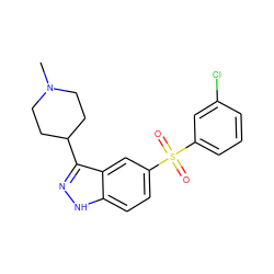 CN1CCC(c2n[nH]c3ccc(S(=O)(=O)c4cccc(Cl)c4)cc23)CC1 ZINC000071294393