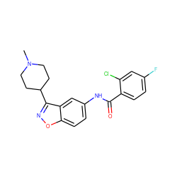 CN1CCC(c2noc3ccc(NC(=O)c4ccc(F)cc4Cl)cc23)CC1 ZINC000028455739