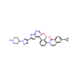 CN1CCC(n2cc(-c3cc4c(-c5cccc(-n6ccc7cc(C8CC8)ccc7c6=O)c5CO)ncnc4[nH]3)cn2)CC1 ZINC000148710814