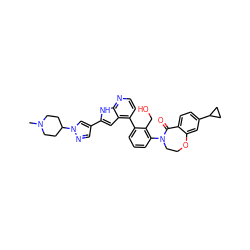 CN1CCC(n2cc(-c3cc4c(-c5cccc(N6CCOc7cc(C8CC8)ccc7C6=O)c5CO)ccnc4[nH]3)cn2)CC1 ZINC000148686873