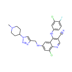 CN1CCC(n2cc(CNc3cc(Cl)c4ncc(C#N)c(Nc5ccc(F)c(Cl)c5)c4c3)nn2)CC1 ZINC000049881757