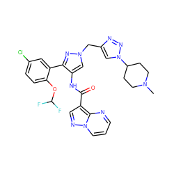 CN1CCC(n2cc(Cn3cc(NC(=O)c4cnn5cccnc45)c(-c4cc(Cl)ccc4OC(F)F)n3)nn2)CC1 ZINC001772588622