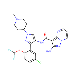 CN1CCC(n2cc(NC(=O)c3c(N)nn4cccnc34)c(-c3cc(Cl)ccc3OC(F)F)n2)CC1 ZINC001772577774