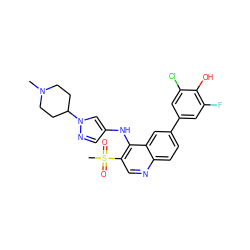 CN1CCC(n2cc(Nc3c(S(C)(=O)=O)cnc4ccc(-c5cc(F)c(O)c(Cl)c5)cc34)cn2)CC1 ZINC000114039350