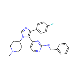 CN1CCC(n2cnc(-c3ccc(F)cc3)c2-c2ccnc(NCc3ccccc3)n2)CC1 ZINC000000602009