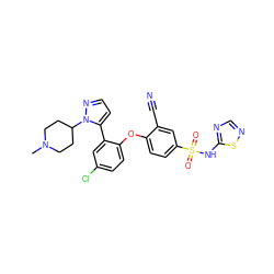 CN1CCC(n2nccc2-c2cc(Cl)ccc2Oc2ccc(S(=O)(=O)Nc3ncns3)cc2C#N)CC1 ZINC000095582401