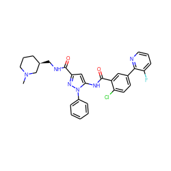 CN1CCC[C@@H](CNC(=O)c2cc(NC(=O)c3cc(-c4ncccc4F)ccc3Cl)n(-c3ccccc3)n2)C1 ZINC001772636199