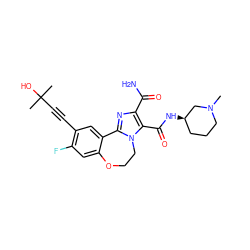 CN1CCC[C@@H](NC(=O)c2c(C(N)=O)nc3n2CCOc2cc(F)c(C#CC(C)(C)O)cc2-3)C1 ZINC000215744635