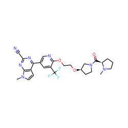 CN1CCC[C@@H]1C(=O)N1CC[C@@H](OCCOc2ncc(-c3nc(C#N)nc4c3ccn4C)cc2C(F)(F)F)C1 ZINC001772621811