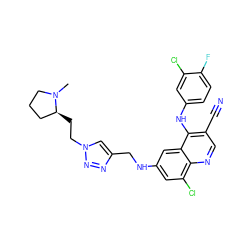 CN1CCC[C@@H]1CCn1cc(CNc2cc(Cl)c3ncc(C#N)c(Nc4ccc(F)c(Cl)c4)c3c2)nn1 ZINC000042889650