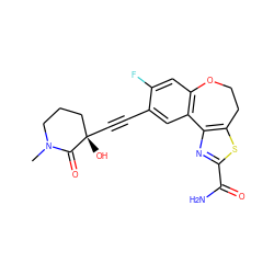 CN1CCC[C@](O)(C#Cc2cc3c(cc2F)OCCc2sc(C(N)=O)nc2-3)C1=O ZINC000215746327