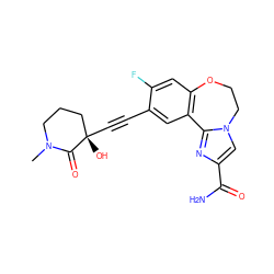 CN1CCC[C@](O)(C#Cc2cc3c(cc2F)OCCn2cc(C(N)=O)nc2-3)C1=O ZINC000215746454