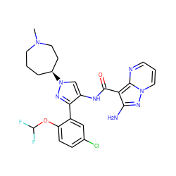 CN1CCC[C@H](n2cc(NC(=O)c3c(N)nn4cccnc34)c(-c3cc(Cl)ccc3OC(F)F)n2)CC1 ZINC001772645428