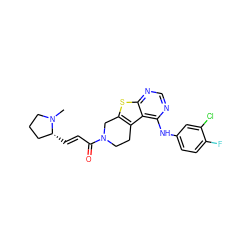 CN1CCC[C@H]1/C=C/C(=O)N1CCc2c(sc3ncnc(Nc4ccc(F)c(Cl)c4)c23)C1 ZINC000059125343