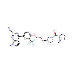 CN1CCC[C@H]1C(=O)N1CC[C@@H](OCCOc2ncc(-c3nc(C#N)nc4c3ccn4C)cc2C(F)(F)F)C1 ZINC001772654852