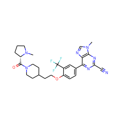 CN1CCC[C@H]1C(=O)N1CCC(CCOc2ccc(-c3nc(C#N)nc4c3ncn4C)cc2C(F)(F)F)CC1 ZINC001772585429