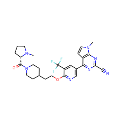 CN1CCC[C@H]1C(=O)N1CCC(CCOc2ncc(-c3nc(C#N)nc4c3ccn4C)cc2C(F)(F)F)CC1 ZINC001772597139