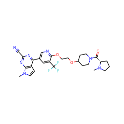 CN1CCC[C@H]1C(=O)N1CCC(OCCOc2ncc(-c3nc(C#N)nc4c3ccn4C)cc2C(F)(F)F)CC1 ZINC001772634248