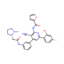 CN1CCC[C@H]1CC(=O)Nc1cccc(-c2cc(-c3ccc(F)cc3O)nc(NC(=O)c3ccco3)c2C#N)c1 ZINC000053226371