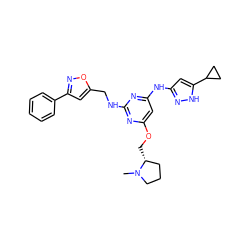 CN1CCC[C@H]1COc1cc(Nc2cc(C3CC3)[nH]n2)nc(NCc2cc(-c3ccccc3)no2)n1 ZINC000202670269