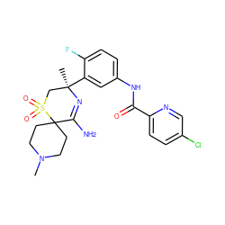 CN1CCC2(CC1)C(N)=N[C@](C)(c1cc(NC(=O)c3ccc(Cl)cn3)ccc1F)CS2(=O)=O ZINC000214139722