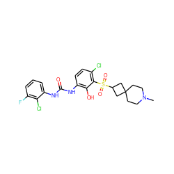 CN1CCC2(CC1)CC(S(=O)(=O)c1c(Cl)ccc(NC(=O)Nc3cccc(F)c3Cl)c1O)C2 ZINC000653899275