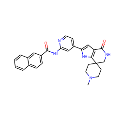 CN1CCC2(CC1)CNC(=O)c1cc(-c3ccnc(NC(=O)c4ccc5ccccc5c4)c3)[nH]c12 ZINC000082157983