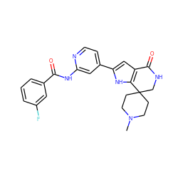 CN1CCC2(CC1)CNC(=O)c1cc(-c3ccnc(NC(=O)c4cccc(F)c4)c3)[nH]c12 ZINC000073224963