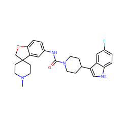 CN1CCC2(CC1)COc1ccc(NC(=O)N3CCC(c4c[nH]c5ccc(F)cc45)CC3)cc12 ZINC000013806251