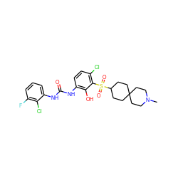 CN1CCC2(CCC(S(=O)(=O)c3c(Cl)ccc(NC(=O)Nc4cccc(F)c4Cl)c3O)CC2)CC1 ZINC000653899276