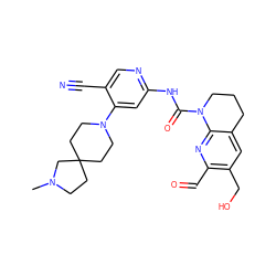 CN1CCC2(CCN(c3cc(NC(=O)N4CCCc5cc(CO)c(C=O)nc54)ncc3C#N)CC2)C1 ZINC001772585496