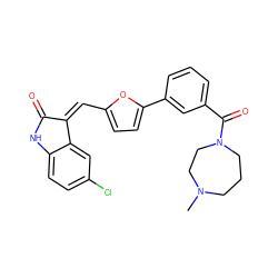 CN1CCCN(C(=O)c2cccc(-c3ccc(/C=C4/C(=O)Nc5ccc(Cl)cc54)o3)c2)CC1 ZINC000084727591