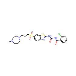 CN1CCCN(CCCS(=O)(=O)c2ccc3nc(NC(=O)NC(=O)c4ccccc4Cl)sc3c2)CC1 ZINC000117118642