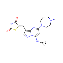 CN1CCCN(c2cc(NC3CC3)n3ncc(/C=C4\SC(=O)NC4=O)c3n2)CC1 ZINC000117818161