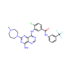 CN1CCCN(c2nc(N)c3ncnc(Nc4cc(C(=O)Nc5cccc(C(F)(F)F)c5)ccc4Cl)c3n2)CC1 ZINC000148035106