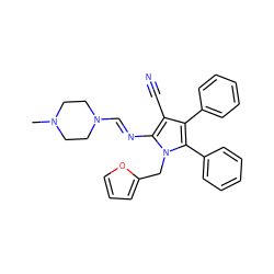 CN1CCN(/C=N/c2c(C#N)c(-c3ccccc3)c(-c3ccccc3)n2Cc2ccco2)CC1 ZINC000001459254