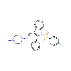 CN1CCN(/N=C/c2c(-c3ccccc3)n(S(=O)(=O)c3ccc(F)cc3)c3ccccc23)CC1 ZINC000096921200