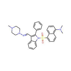 CN1CCN(/N=C/c2c(-c3ccccc3)n(S(=O)(=O)c3cccc4c(N(C)C)cccc34)c3ccccc23)CC1 ZINC000096917781