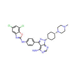 CN1CCN([C@H]2CC[C@@H](n3nc(-c4ccc(Nc5nc6cc(Cl)cc(Cl)c6o5)cc4)c4c(N)ncnc43)CC2)CC1 ZINC000253951887