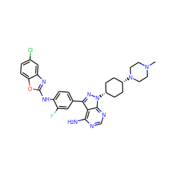 CN1CCN([C@H]2CC[C@@H](n3nc(-c4ccc(Nc5nc6cc(Cl)ccc6o5)c(F)c4)c4c(N)ncnc43)CC2)CC1 ZINC000253953043