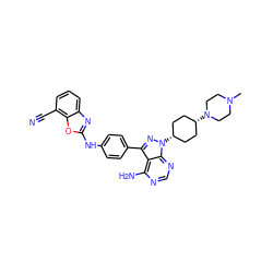 CN1CCN([C@H]2CC[C@@H](n3nc(-c4ccc(Nc5nc6cccc(C#N)c6o5)cc4)c4c(N)ncnc43)CC2)CC1 ZINC000253952921