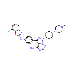 CN1CCN([C@H]2CC[C@@H](n3nc(-c4ccc(Nc5nc6cccc(Cl)c6o5)cc4)c4c(N)ncnc43)CC2)CC1 ZINC000101367559