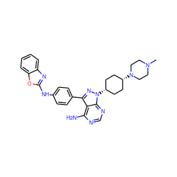 CN1CCN([C@H]2CC[C@@H](n3nc(-c4ccc(Nc5nc6ccccc6o5)cc4)c4c(N)ncnc43)CC2)CC1 ZINC000253951936