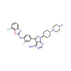 CN1CCN([C@H]2CC[C@H](n3nc(-c4ccc(Nc5nc6cccc(Cl)c6o5)c(F)c4)c4c(N)ncnc43)CC2)CC1 ZINC000101367499