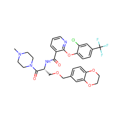 CN1CCN(C(=O)[C@@H](COCc2ccc3c(c2)OCCO3)NC(=O)c2cccnc2Oc2ccc(C(F)(F)F)cc2Cl)CC1 ZINC000082138000