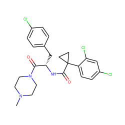 CN1CCN(C(=O)[C@H](Cc2ccc(Cl)cc2)NC(=O)C2(c3ccc(Cl)cc3Cl)CC2)CC1 ZINC000095557111