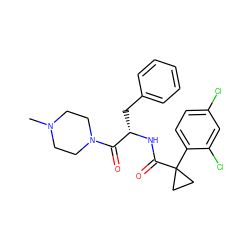 CN1CCN(C(=O)[C@H](Cc2ccccc2)NC(=O)C2(c3ccc(Cl)cc3Cl)CC2)CC1 ZINC000095552574