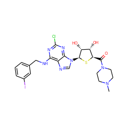 CN1CCN(C(=O)[C@H]2S[C@@H](n3cnc4c(NCc5cccc(I)c5)nc(Cl)nc43)[C@H](O)[C@@H]2O)CC1 ZINC000029128132